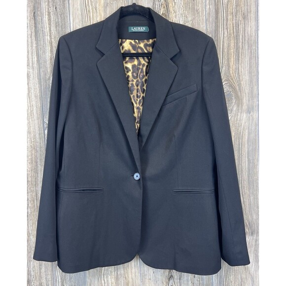 Lauren Ralph Lauren Black Classic Blazer Womens 2X Leopard Lining Career Office - Picture 1 of 12